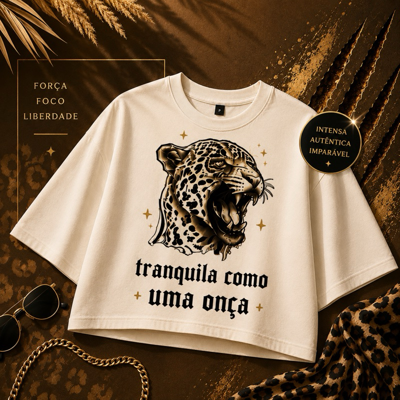 Cropped Oversized Feminino Onça Animal Print Estampado Streetwear Casual Manga Curta Moda Moderno Confortável Estilo