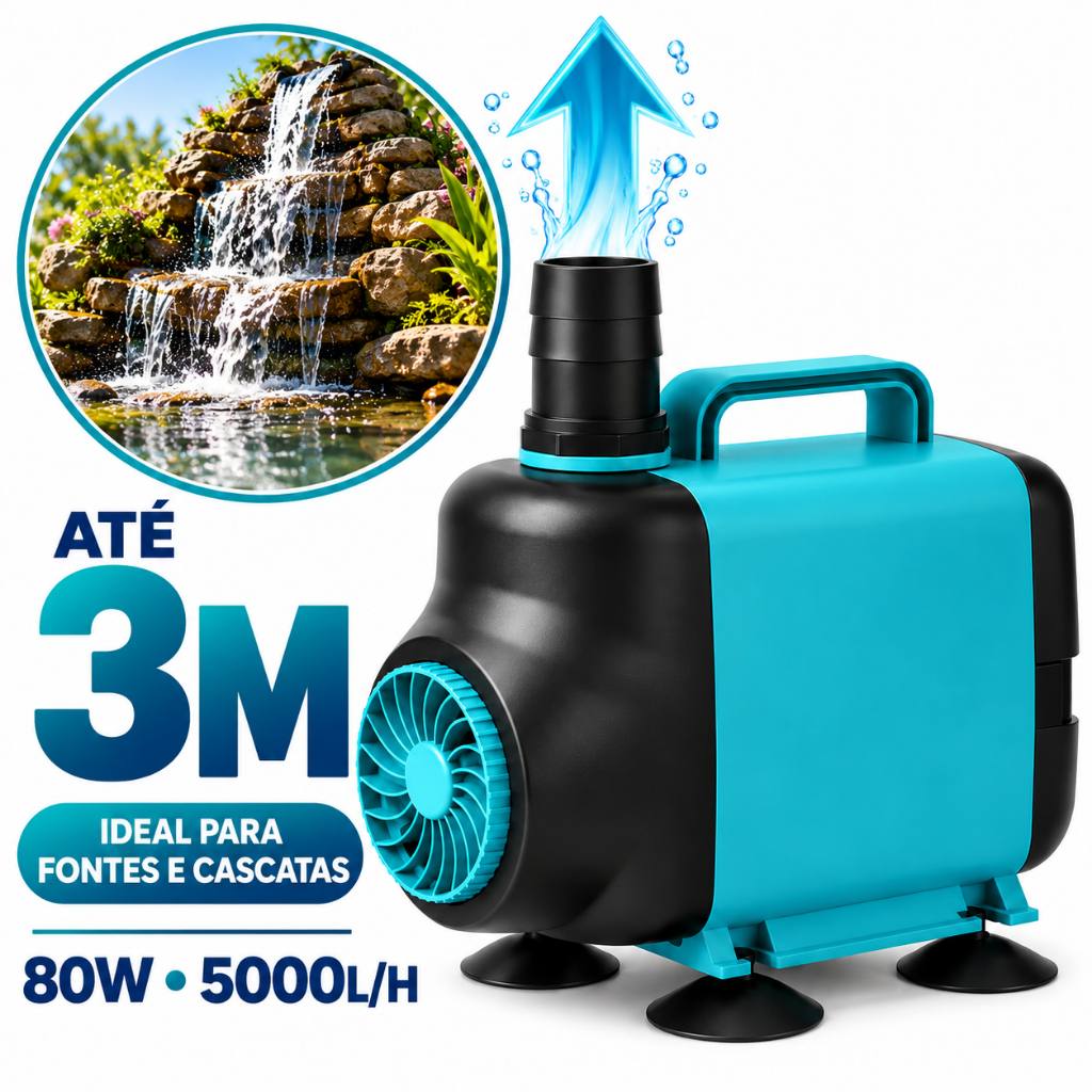 Bomba Submersível 5,000 L/h 80W Elevação 3m para Aquário e Fonte de Água