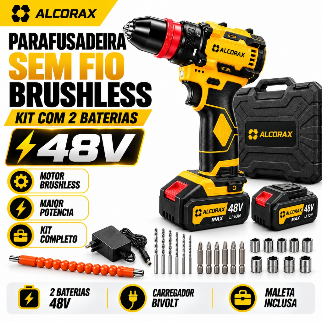 Furadeira Parafusadeira Brushless 48V Sem Fio com 2 Baterias, Maleta e Acessórios