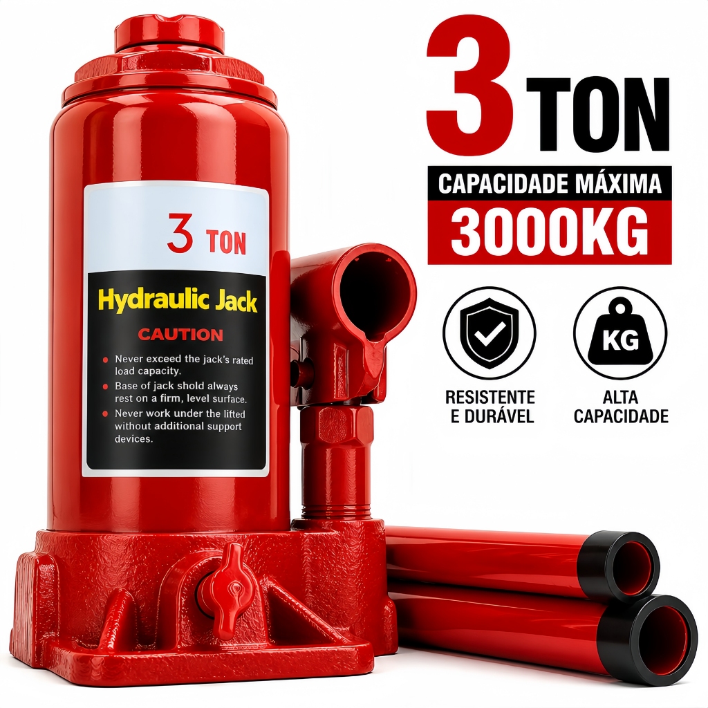 Macaco Hidráulico Tipo Garrafa 3 Toneladas Reforçado para Carro SUV Caminhonete Troca Pneu Manutenção Válvula Segurança
