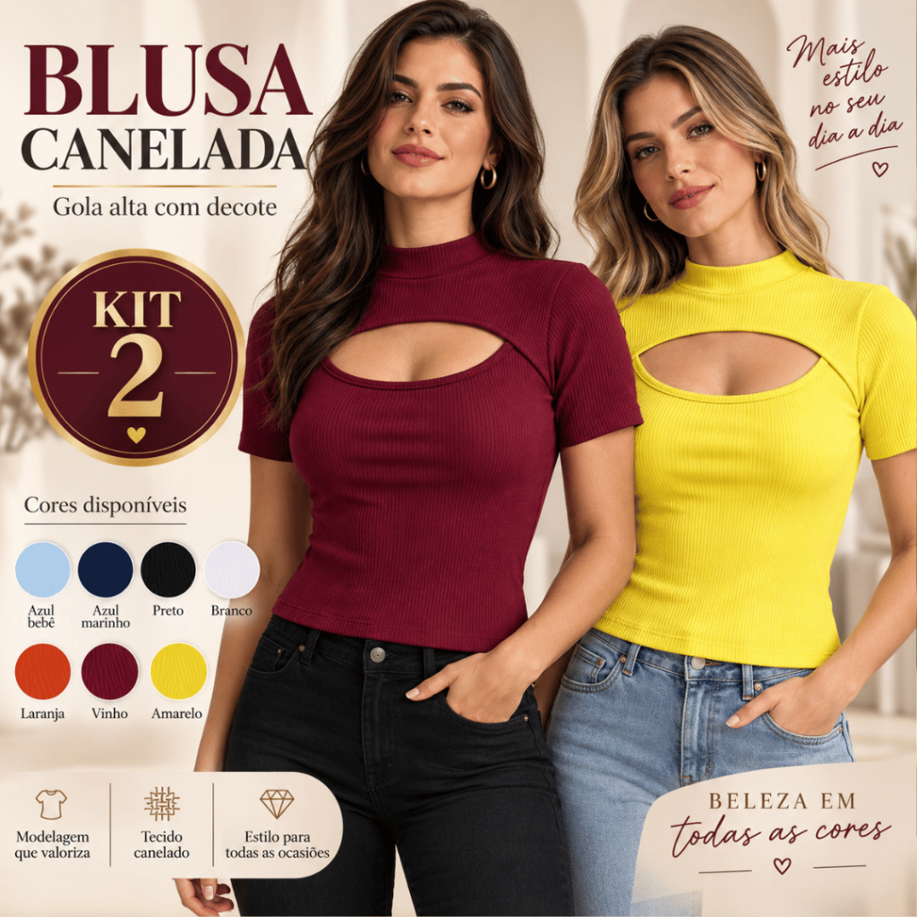Kit 2 Blusa Feminina Canelada Gola Alta com Decote Manga Curta Cropped Moda Feminina