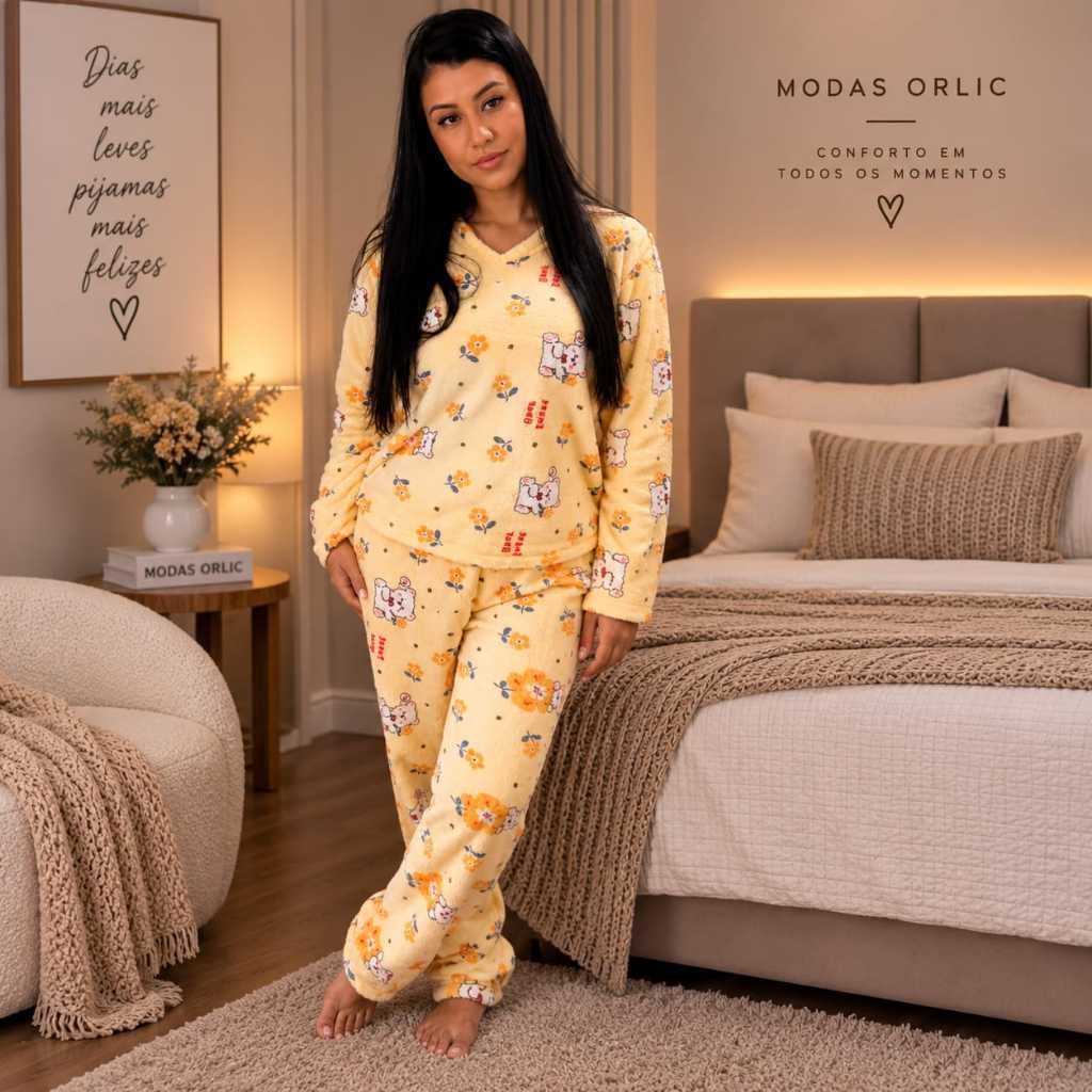 Pijama Feminino Longo Fleece Peludinho Ted Inverno aconchegante conforto Fechado ENVIO IMEDIATO FULL