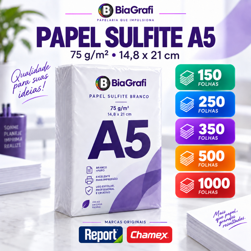 Papel Offset Sulfite 75g Folha A5 (21x14,85 cm) Impressão a Jato de Tinta e a Laser Miolo de Agenda