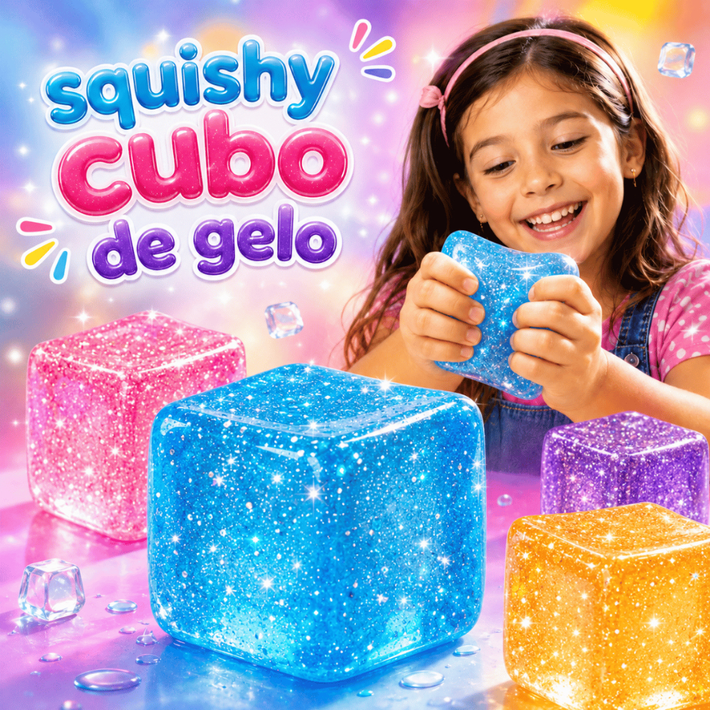 Squishy Cubo de Gelo Cristal Brilhante Sensorial Anti Estresse Quadrado na Caixinha