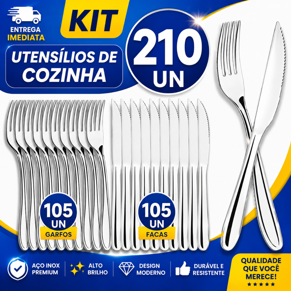 kIT TALHERES INOX 210 PEÇAS - 105 GARFOS 105 FACAS - RESISTENTE E EKEGANTE