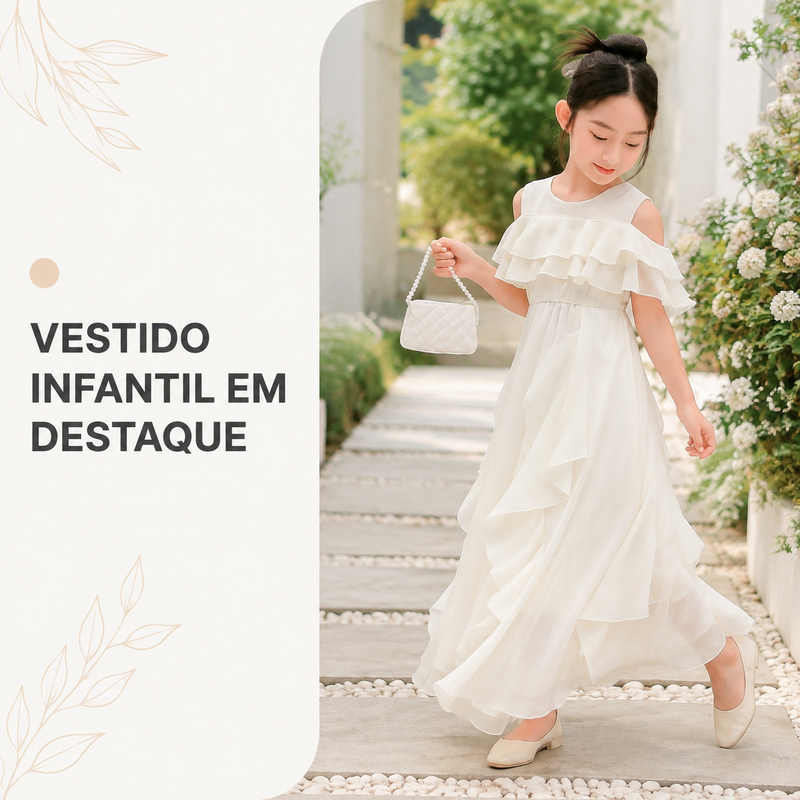 Vestido Juvenil Branco Feminino Ombro a Ombro com Babados Confortável, Leve para Festas e Ocasiões