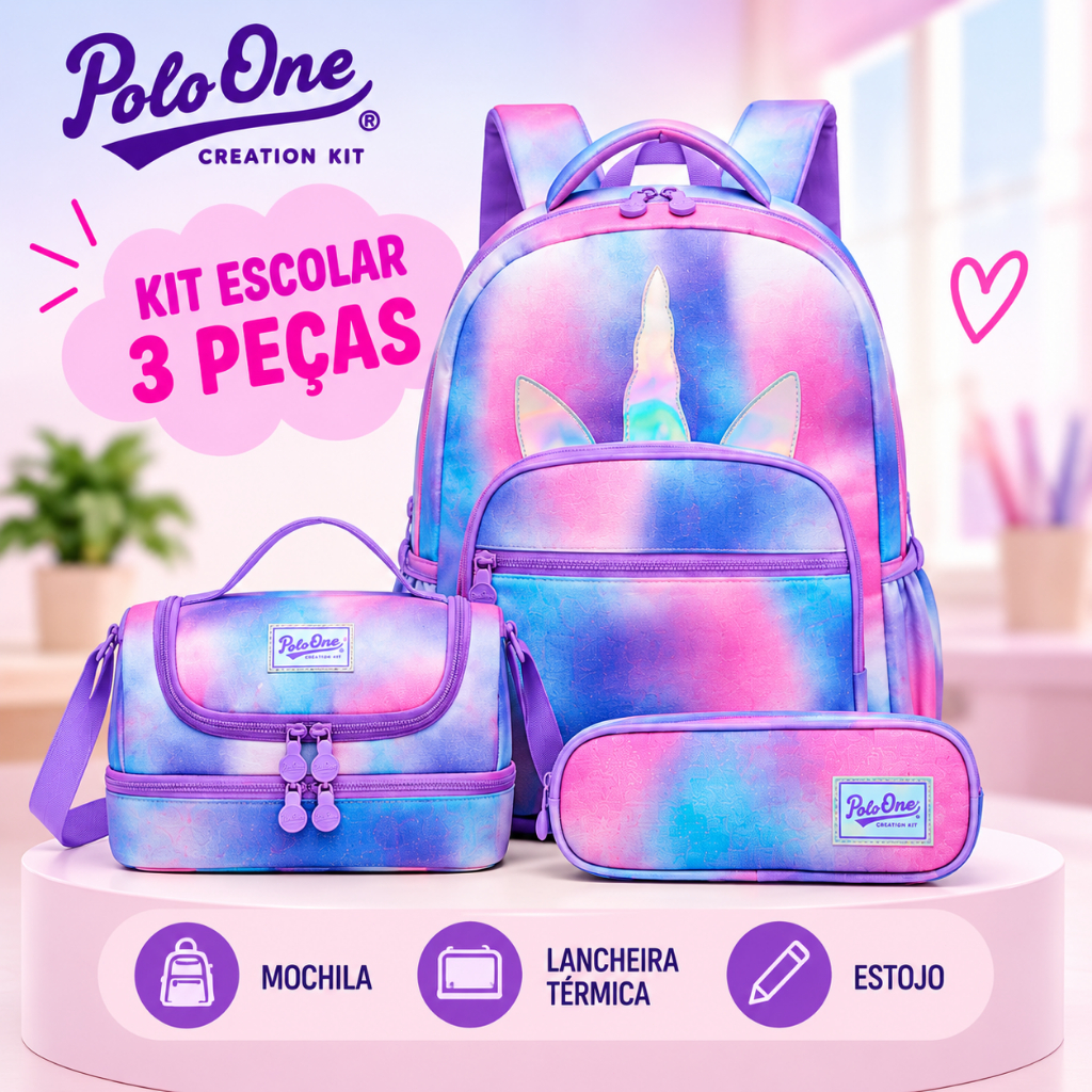 Kit Mochila Escolar Infantil Menina Unicórnio 3 Peças Lancheira Térmica Estojo Polo One