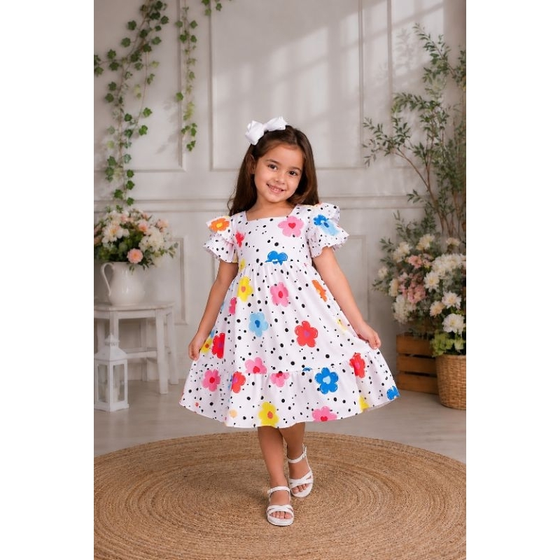 vestido infantil  manguinha dupla menina estampado colorido cores vibrante confortável estiloso