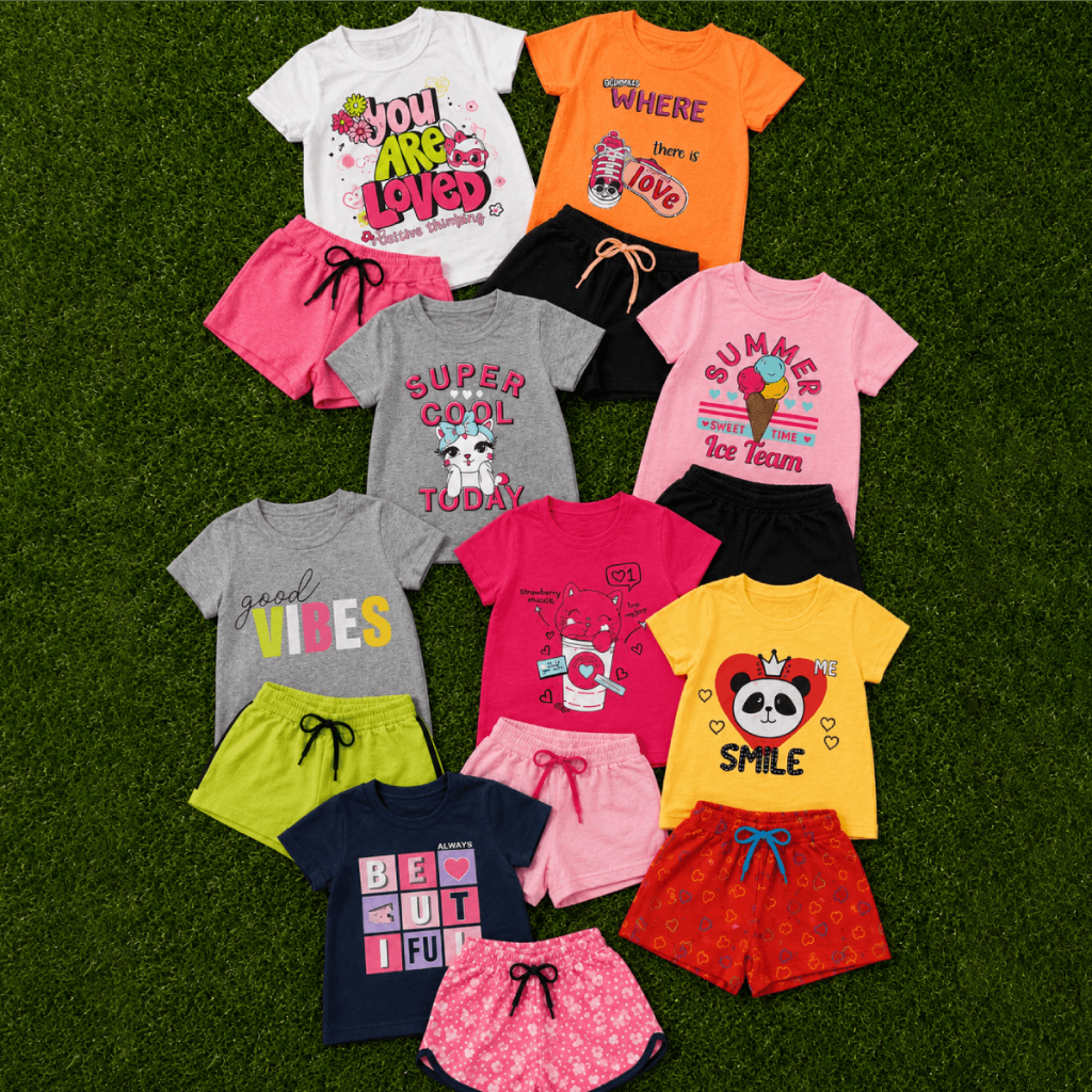 Kit 8 Peças Conjunto Infantil Feminino Blusa Gola Redonda Com Varias Estampas Shorts Com Cadarço Elastico Estampado