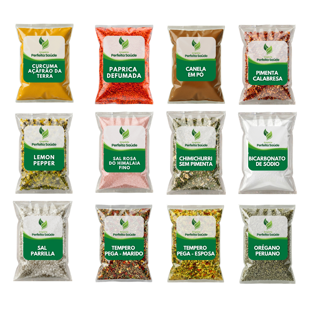 Kit Temperos 12 Sabores Páprica, Cúrcuma, Sal Rosa, Lemon Pepper, Canela, Chimichurri, Pega-Esposa, Pega-Marido, Parrila