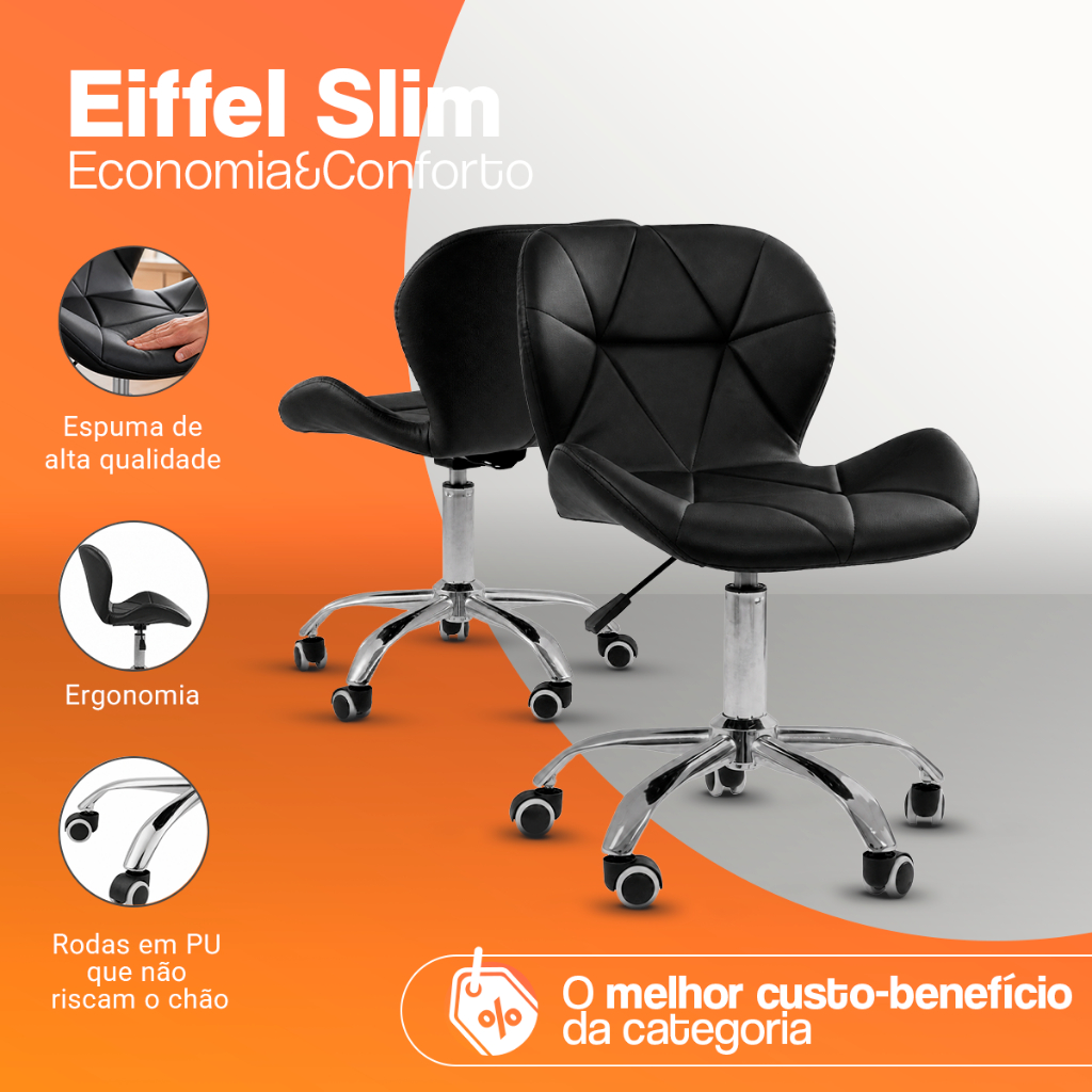 Kit 2 Cadeiras Office Eiffel Slim Giratória Base Cromada com Rodízios e Ajuste de Altura · foto 2