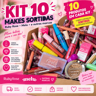Kit 10 Maquiagens Sortidas Ruby Rose Melu Mia Make Febella Gloss Batom Blush Máscara e Mais