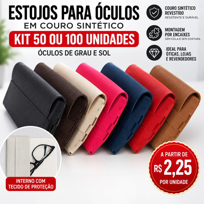 KIT ESTOJOS PARA ÓCULOS ATACADO COM 50 OU 100 UNIDADES COURO SINTETICO CARTEIRA ÓCULOS DE SOL E GRAU