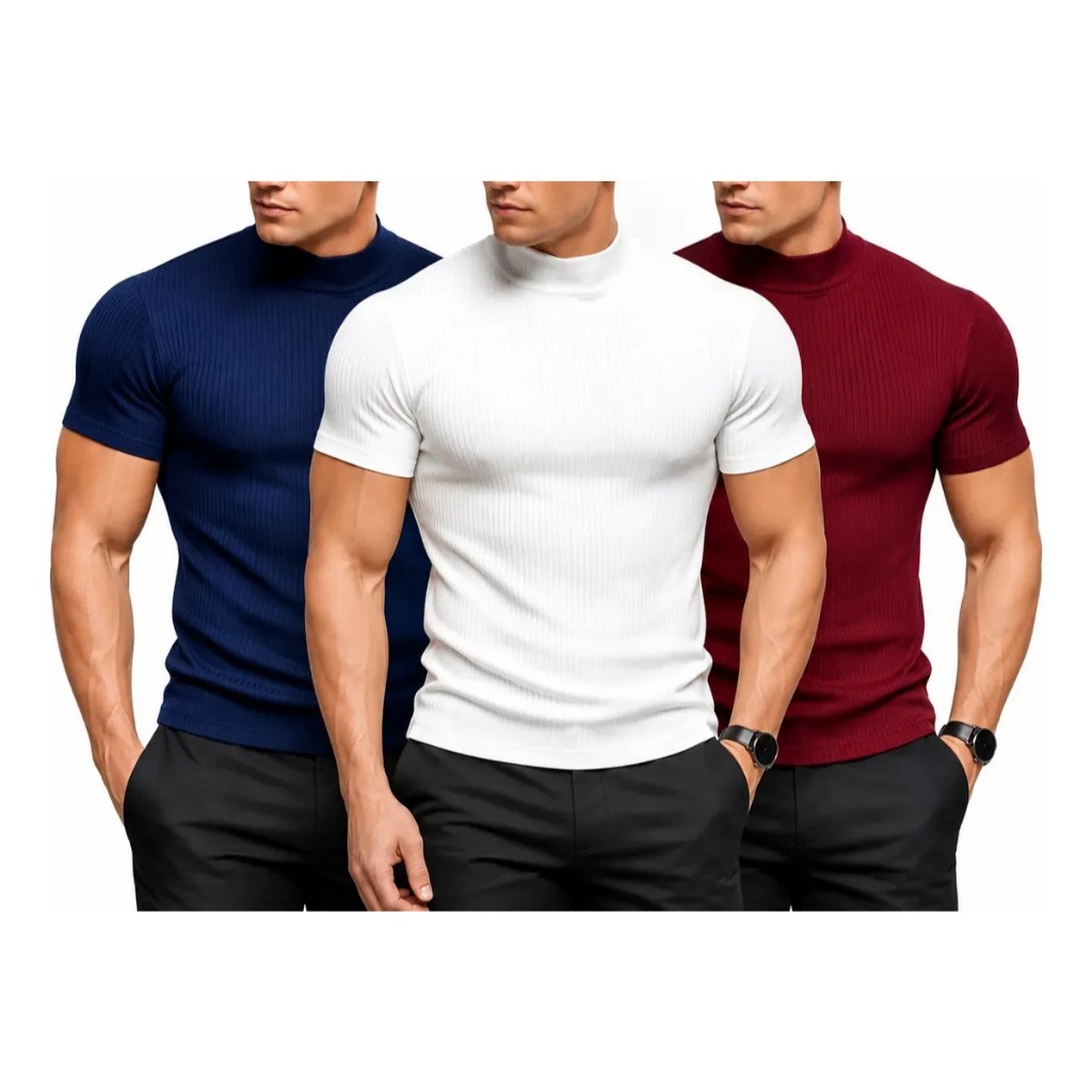 Kit 3 Camiseta Masculina Slim Canelada Gola Alta Manga Curta