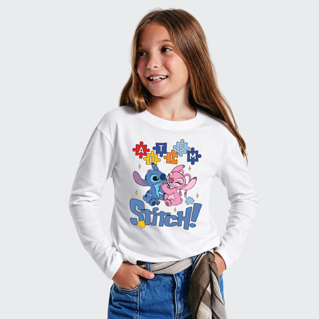 Camiseta Manga Longa Infantil Stitch e Angel Conscientização Autismo Algodão Frio Inverno