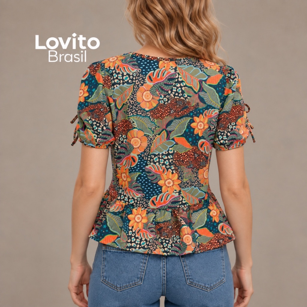 Lovito Bossa | Blusa Feminina Manga Curta Estampa Tropical Elegante BLB487BRL517 · foto 2