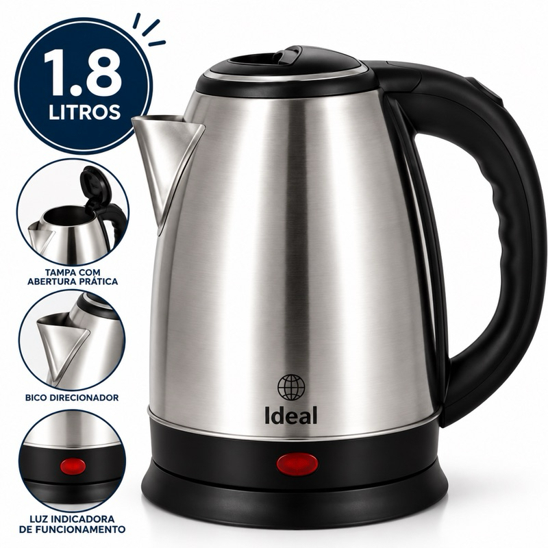 Chaleira Elétrica Inox 1,8L 1000W 127V Automática Rápida Desligamento Automático