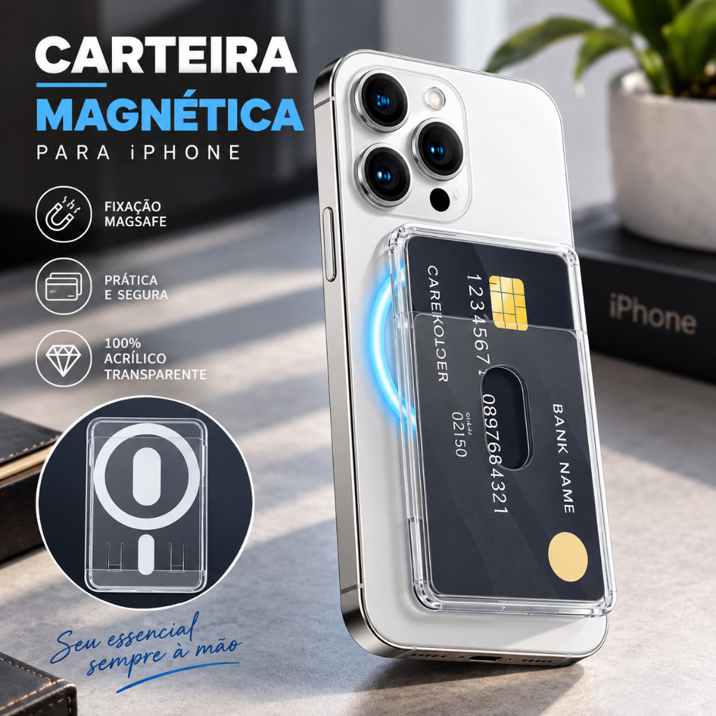 Carteira Porta Cartão Magnético 100% acrílico Transparente c/ MagSafe para Iphone