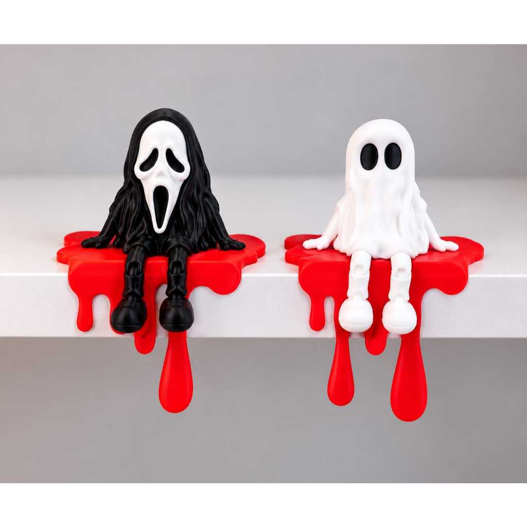 Kit 2 Fantasmas Articulados Geek Gamer Decorativo Halloween Setup Mesa Preto Branco Decoração Fantasma, Grito Decorativo
