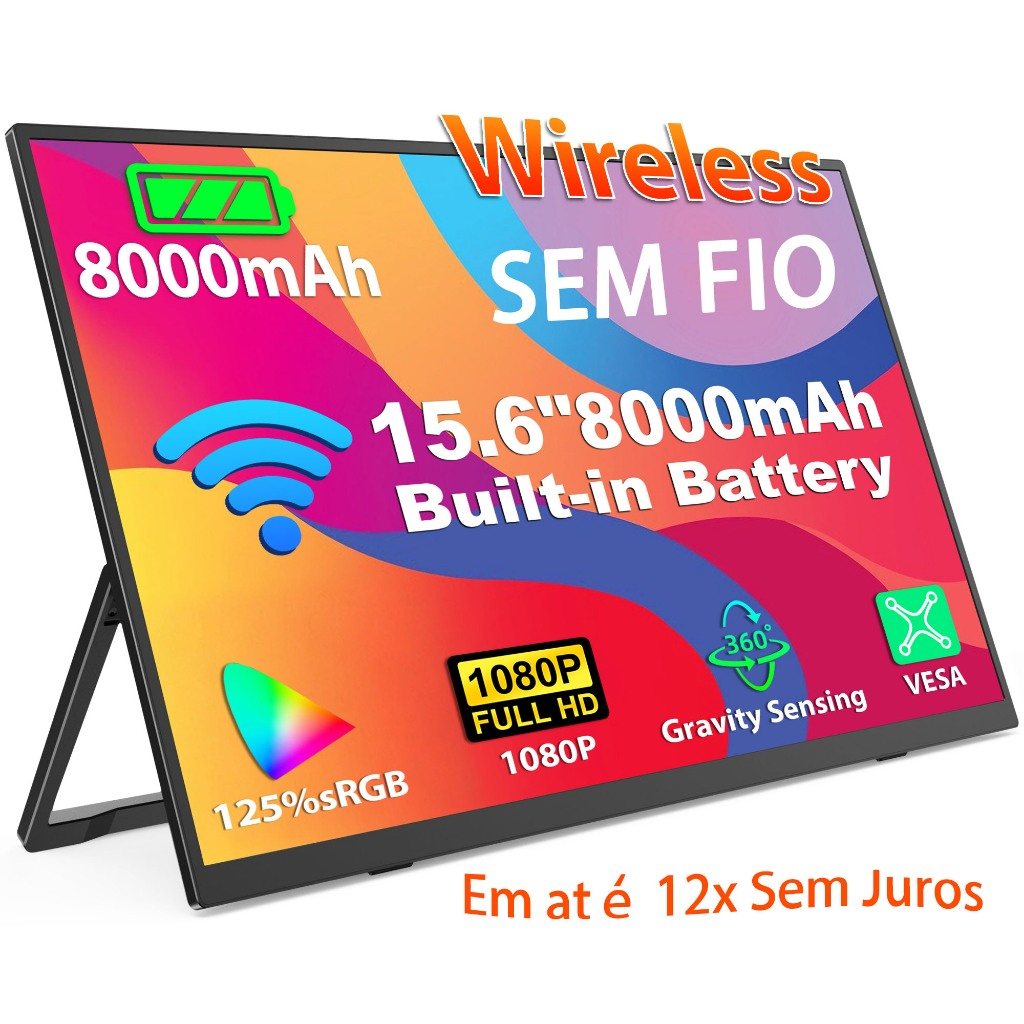 Monitor Portátil 15.6 Polegadas Sem Fio Com Bateria 8000mAh Full HD 1080P IPS Segunda Tela Para Notebook PC Celular PS5