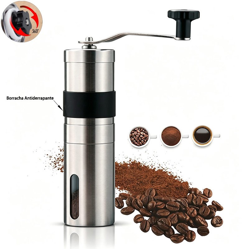 Moedor Manual de Café Inox Portátil Lâmina Cerâmica Ajuste de Moagem Espessura com Capa Antiderrapante