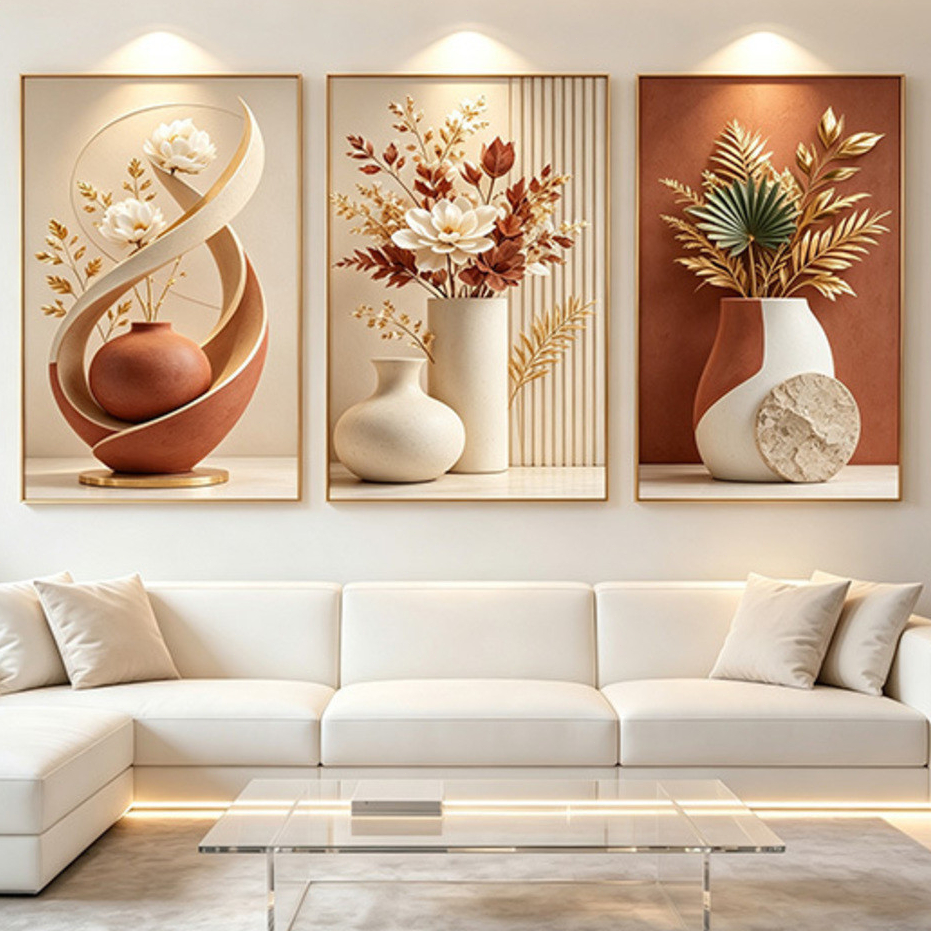 Kit 3 Quadros Decorativos Luxo Moderno Minimalista Flores Morandi Cristal Sala Sofa Parede Mural Arte Decoracao