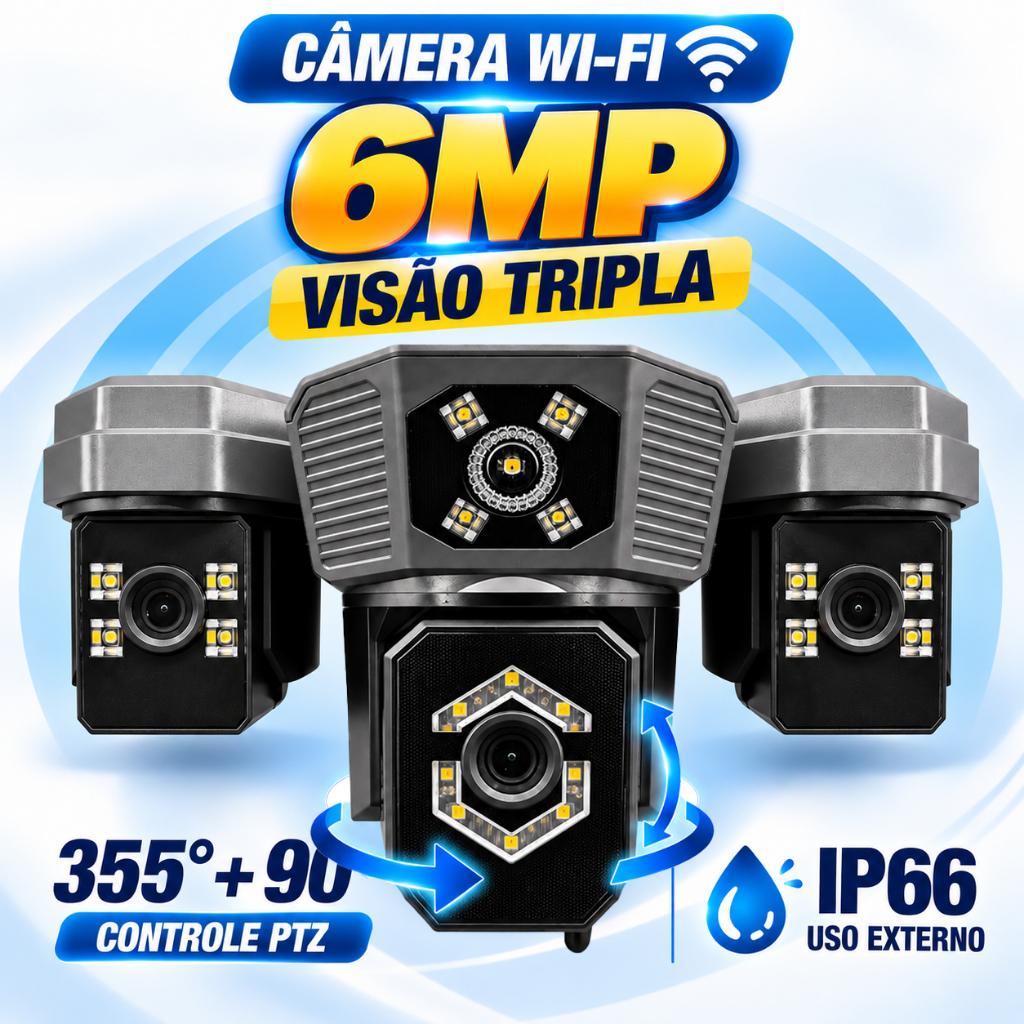 Câmera de Segurança WiFi Alta Definição 6MP, 3 Lentes