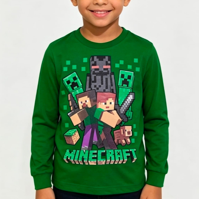 Camiseta Infantil Manga Curta Longa 100% Algodão - Minecraft