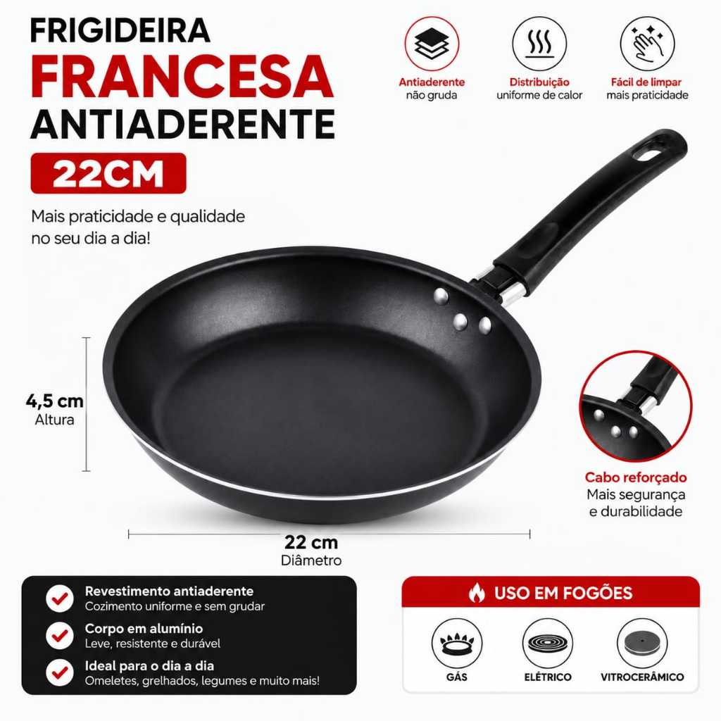 Frigideira Francesa Antiaderente Preta 22cm