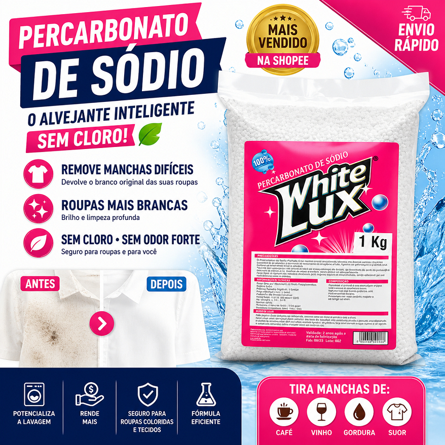 Percarbonato de Sódio Whitelux 100% Puro Alvejante Sem Cloro Tira Manchas Branqueador