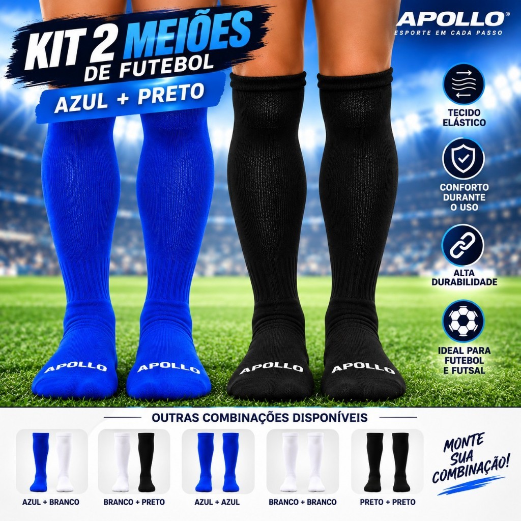 Kit 2 Pares Meião Futebol Infantil Juvenil Confortável Cano Longo 22 ao 34 cores Preto Azul Branco