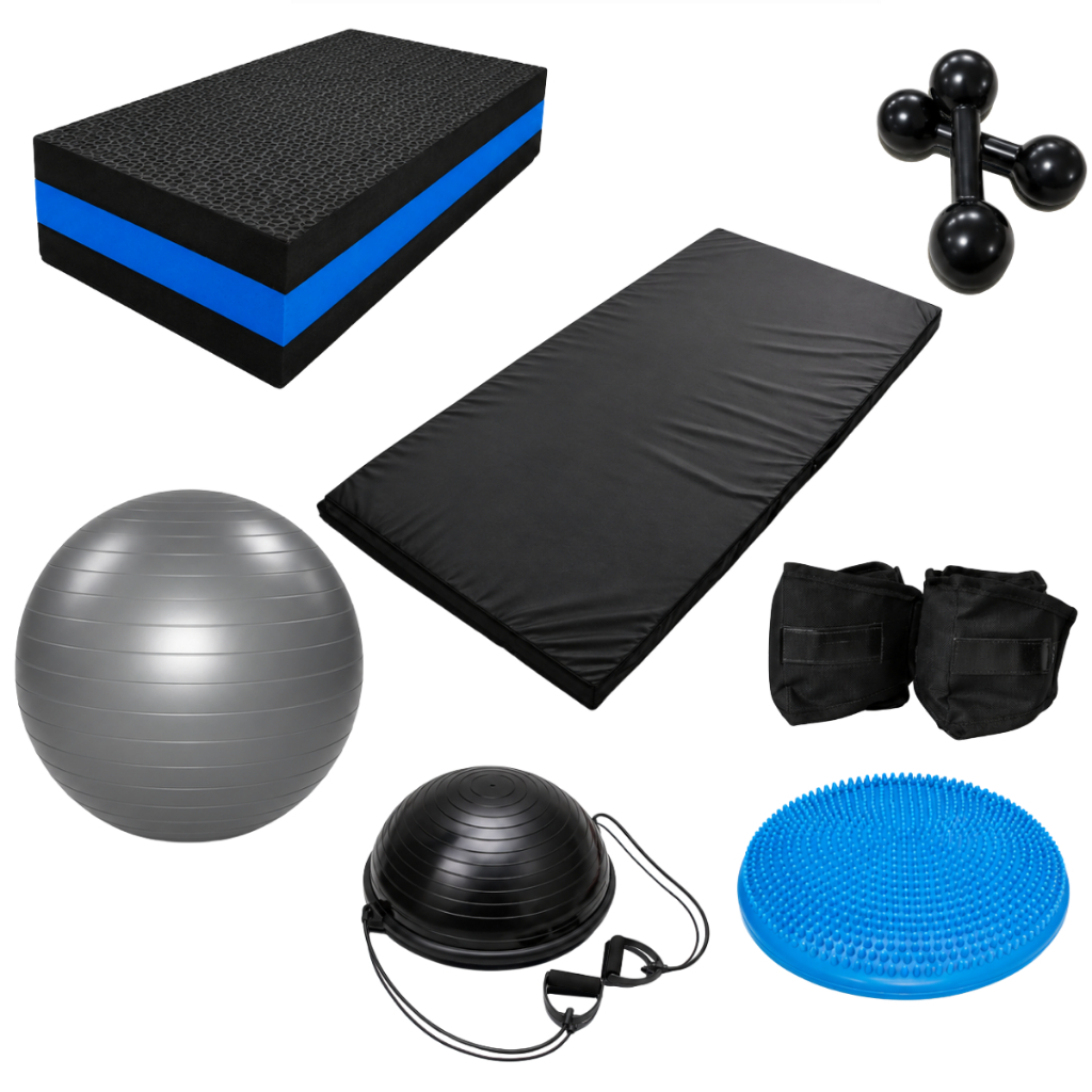 Kit Bosu + Disco de Equilíbrio + Par de Halter 2 kg + Par de Caneleira 2 kg + Step em EVA