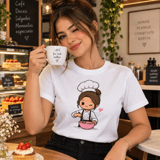 Camisa Feminina Chef Confeitaria Boleira 100% Algodão Manga Curta Estampada