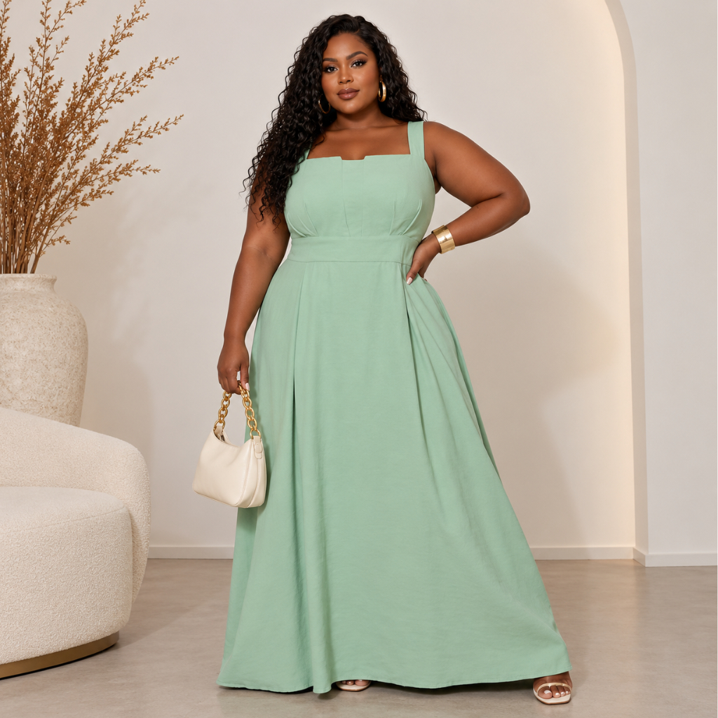 Vestido Longo Plus Size Alça Larga Cintura Marcada Rodado Elegante