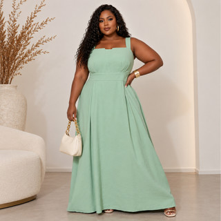 Vestido Longo Plus Size Alça Larga Cintura Marcada Rodado Elegante