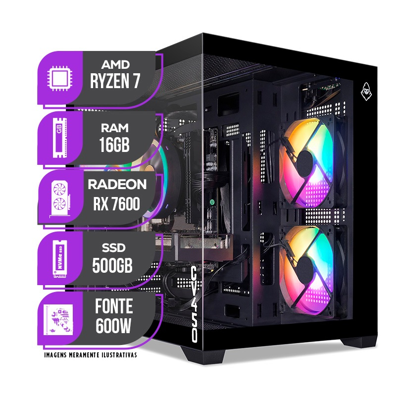 PC Gamer Mancer, AMD RYZEN 7 5700X, Water Cooler, RX 7600 8GB, 16GB DDR4, SSD M.2 500GB, Fonte 600W 80 Plus