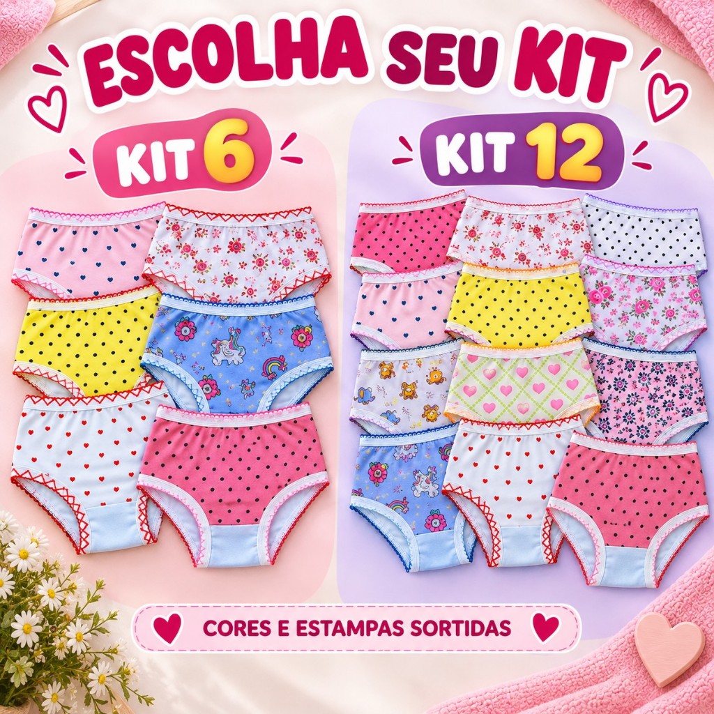 Kit Calcinhas Infantil Menina 100% Algodão Estampas Sortidas Confortáveis