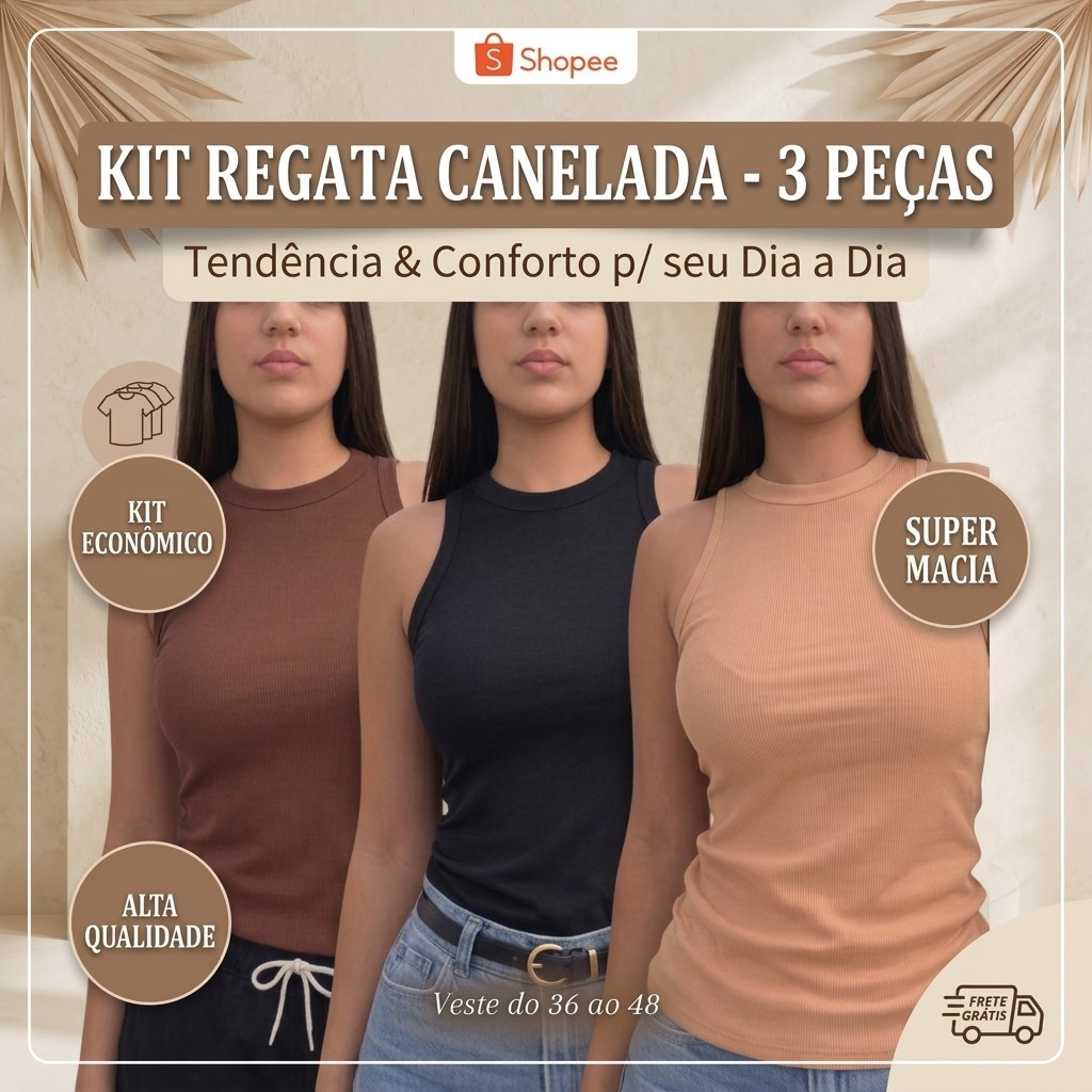 Kit 3 Regata Premium Feminina Modelo Americano Ribana Canelada Algodão e Elastano Primeira Linha
