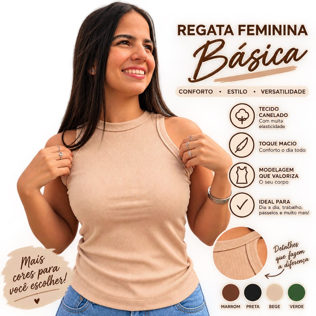 Regata Feminina Canelada Blusa Basica Verão Alça Larga Gola Redonda Premium Modelo Americano Justa