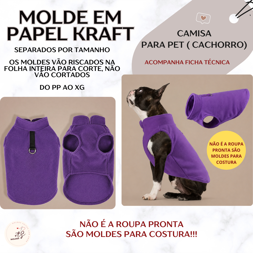 Molde em Papel Kraft para Costura Separados por Tamanho Camisa p/Pet (cachorro) para recorte (NÃO É A ROUPA PRONTA)