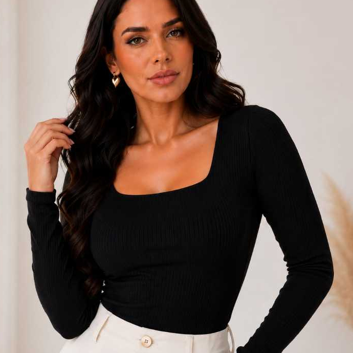 Blusa Canelada Manga Longa Decote Quadrado Blusinha De Frio Inverno Elegante Casual Tendência