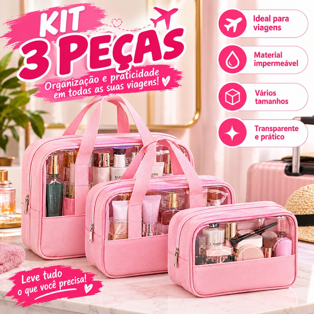 Kit Necessaire Transparente 3 Peças para Maquiagem Cosméticos e Viagem