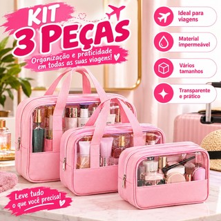 Kit Necessaire Transparente 3 Peças para Maquiagem Cosméticos e Viagem