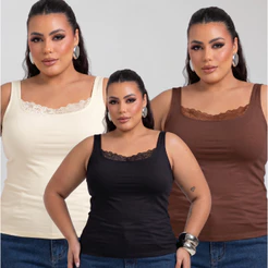 Blusa Plus Size Forro Duplo Midi Size Renda no Busto Suplex Premium Alças Largas Elasticidade Versátil Modela o Corpo