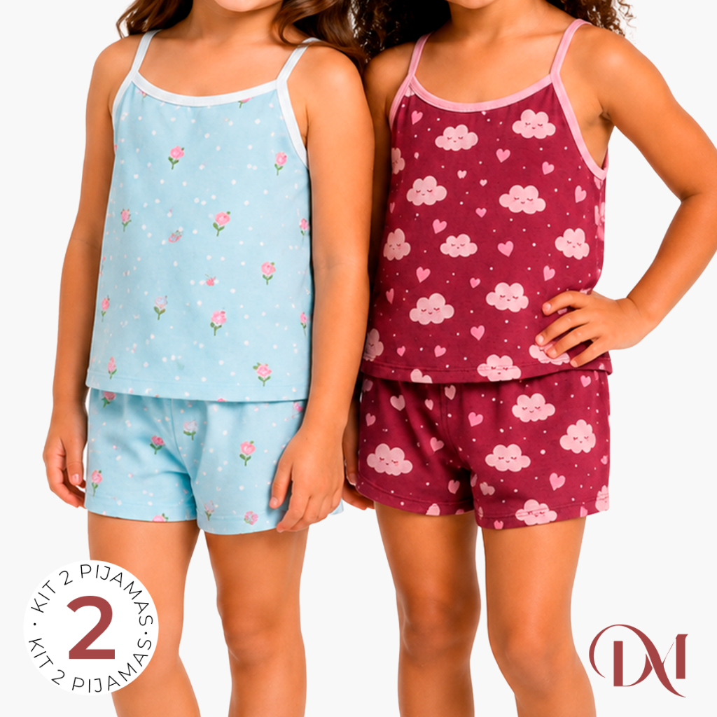 Kit 2 Pijamas Baby Doll Infantil Feminino Menina Estampado Regata Short Confortável