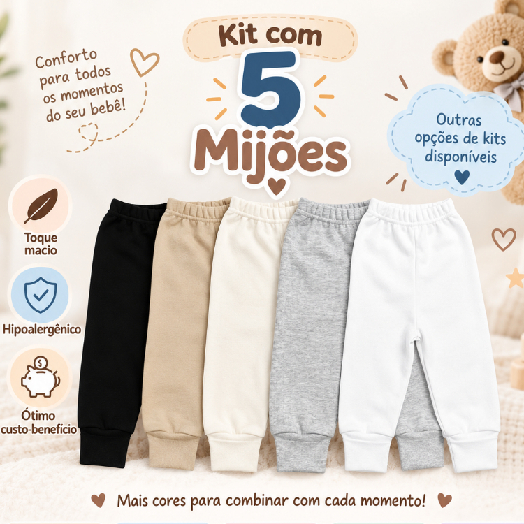 Kit 5 Mijoes Bebe com Pe Reversivel em Suedine Algodao  Prematuro ao GG
