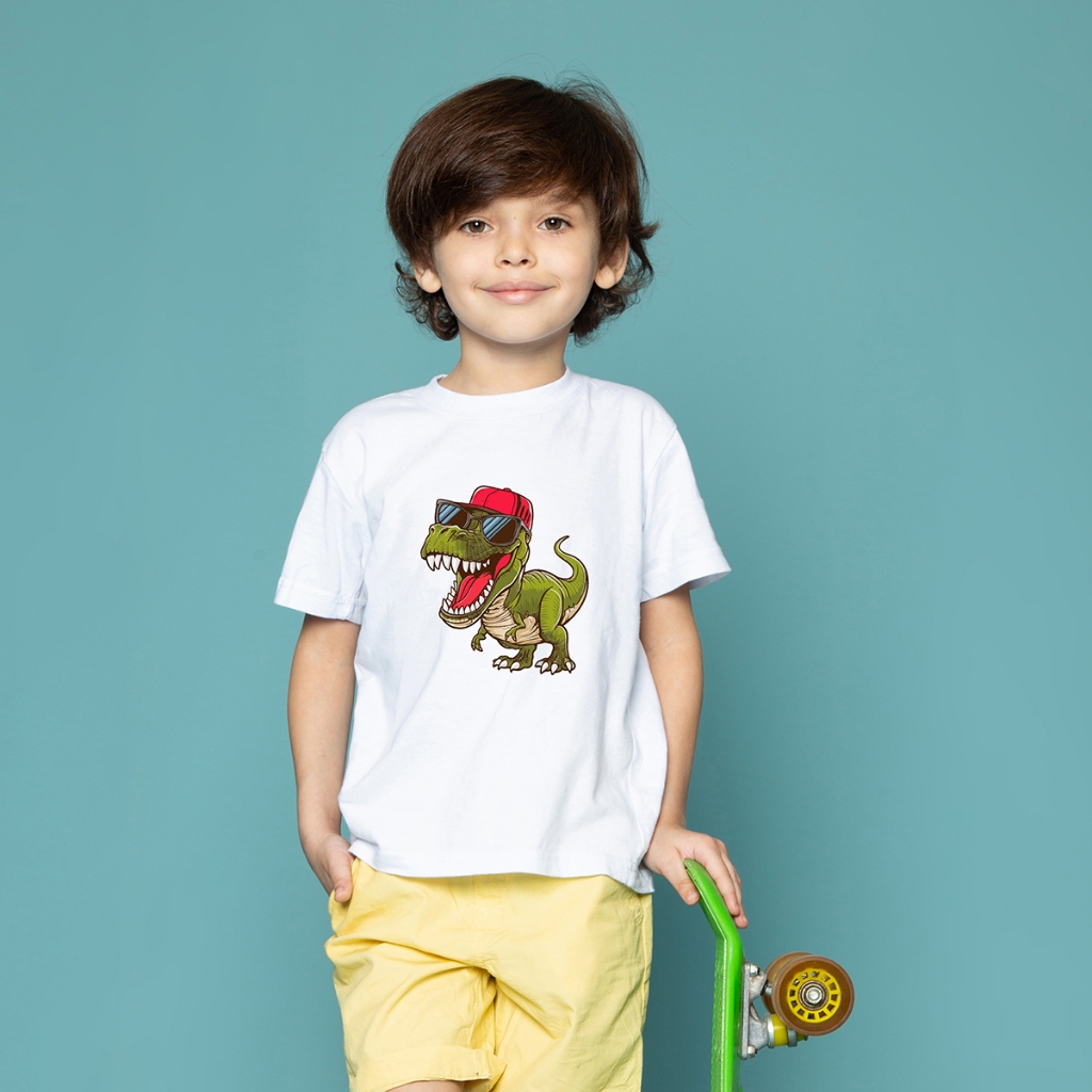 Camiseta Dinossauro Infantil Menino x Menina T-Rex Branca Manga Curta