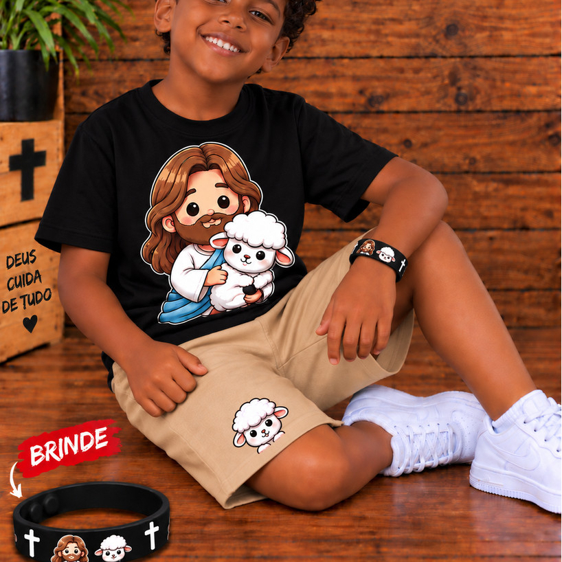 Camiseta Kit Conjunto Short  Jesus Cristo Bermuda Infantil Religioso Kit Infantil Juvenil Brinde Fé Cristão