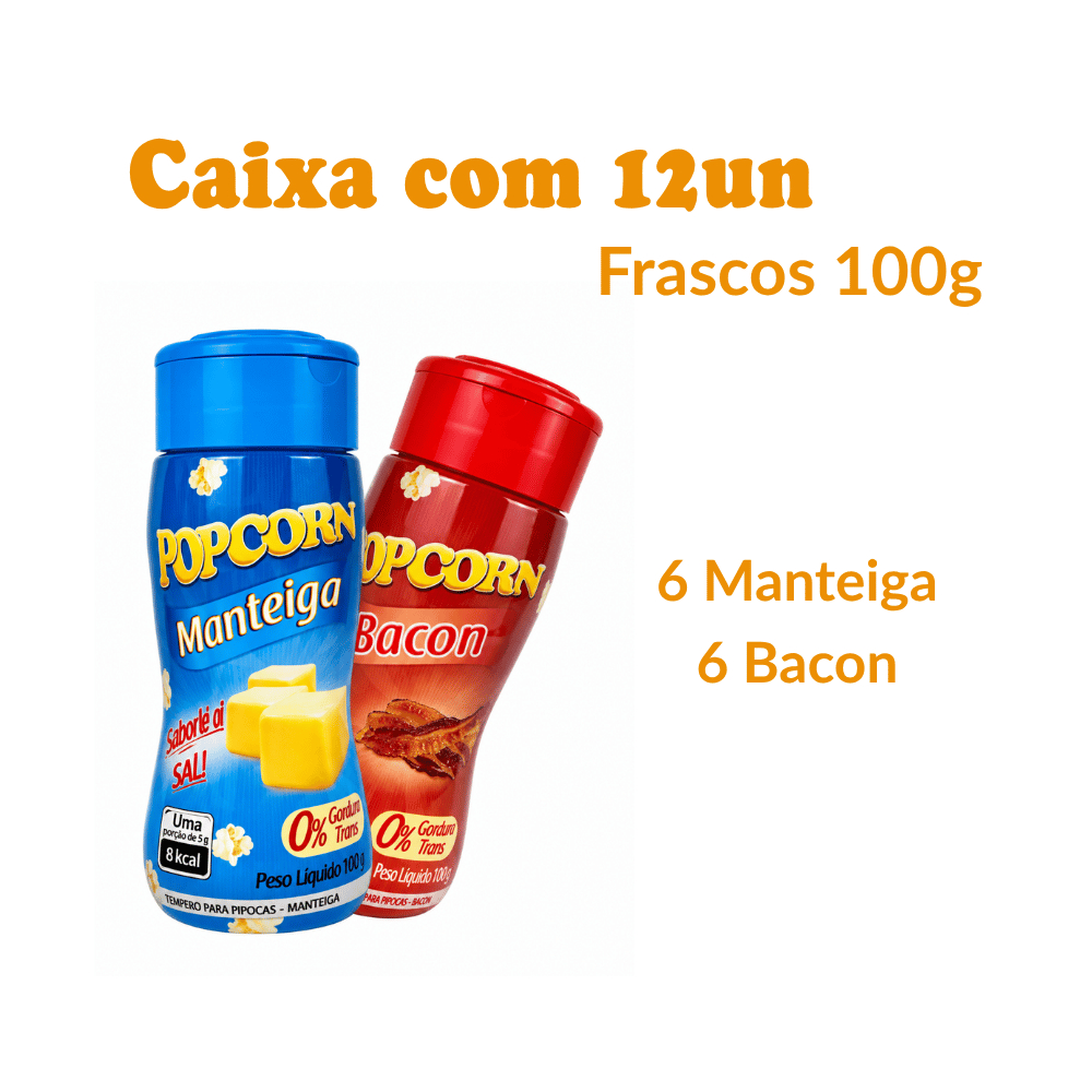 Temperos Para Pipoca Caixa com 12 Frascos - 6 Manteiga e 6 Bacon