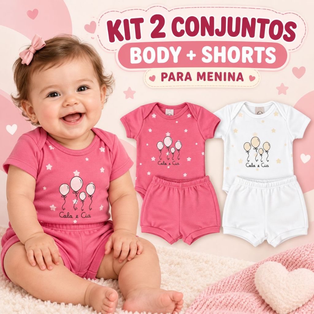 Kit 2 Conjuntos Body + Shorts Bebê Menina Estampados 100% Algodão Confortável Verão